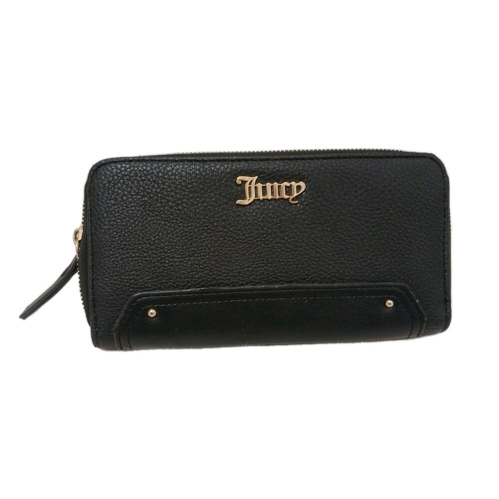 Juicy Couture Wallet Black Faux‎ Leather Gold Logo Zip Credit Card Slots Pocket